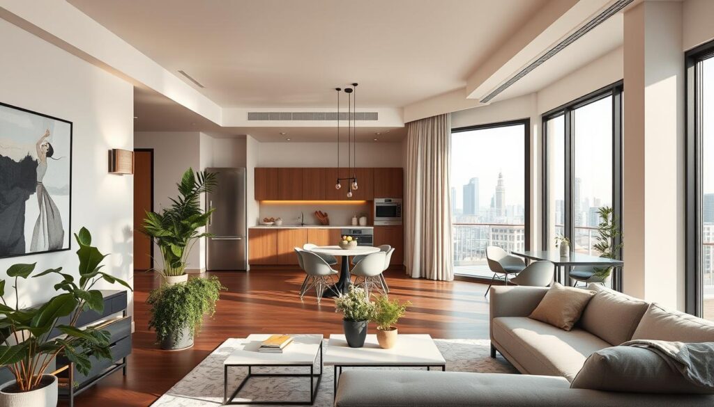 A modern Warsaw apartment interior, showcasing a stylish and contemporary design. In the foreground, a cozy living room features sleek furniture, including a minimalist sofa, a chic coffee table, and vibrant indoor plants. The walls have a soft color palette with abstract art and elegant lighting fixtures that create a warm atmosphere. In the middle, large windows provide an abundance of natural light, framing a view of the city skyline. A dining area with a modern table and designer chairs enhances the sophisticated vibe. The background hints at a compact but stylish kitchen with high-end appliances. The overall mood is inviting and youthful, reflecting a blend of comfort and elegance suitable for a young star. Bright, natural lighting enhances the space, captured from a slightly elevated angle to showcase the layout. A modern Warsaw apartment interior, showcasing a stylish and contemporary design. In the foreground, a cozy living room features sleek furniture, including a minimalist sofa, a chic coffee table, and vibrant indoor plants. The walls have a soft color palette with abstract art and elegant lighting fixtures that create a warm atmosphere. In the middle, large windows provide an abundance of natural light, framing a view of the city skyline. A dining area with a modern table and designer chairs enhances the sophisticated vibe. The background hints at a compact but stylish kitchen with high-end appliances. The overall mood is inviting and youthful, reflecting a blend of comfort and elegance suitable for a young star. Bright, natural lighting enhances the space, captured from a slightly elevated angle to showcase the layout.