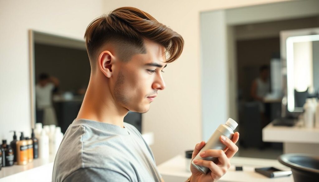 A modern male with a stylish bowl cut hairstyle stands confidently in a well-lit salon space, engaging in hair care. In the foreground, he is holding a hair product, examining it with a thoughtful expression. The middle ground features a salon counter adorned with various styling products and tools, reflecting a professional atmosphere. The background shows a sleek mirror and hairdressing equipment, adding depth to the scene. Soft, natural lighting enhances the subject's features, creating a warm and inviting ambiance. The angle captures the elegance of the haircut while emphasizing the importance of maintenance between salon visits. The overall mood exudes confidence, style, and self-care, illustrating the essence of contemporary hair grooming. A modern male with a stylish bowl cut hairstyle stands confidently in a well-lit salon space, engaging in hair care. In the foreground, he is holding a hair product, examining it with a thoughtful expression. The middle ground features a salon counter adorned with various styling products and tools, reflecting a professional atmosphere. The background shows a sleek mirror and hairdressing equipment, adding depth to the scene. Soft, natural lighting enhances the subject's features, creating a warm and inviting ambiance. The angle captures the elegance of the haircut while emphasizing the importance of maintenance between salon visits. The overall mood exudes confidence, style, and self-care, illustrating the essence of contemporary hair grooming.