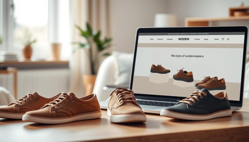 A modern online shopping scene showcasing a stylish selection of Woden sneakers arranged on a sleek, minimalist website interface. In the foreground, display a variety of Woden shoe models in eco-friendly materials, featuring earthy tones and Scandinavian designs. The middle layer highlights a laptop on a clean, wooden desk with a plant nearby, suggesting an inviting workspace. In the background, include a soft-focus view of a cozy, natural-lit room with neutral colors, emphasizing a calming and eco-conscious atmosphere. Soft, diffused lighting enhances the aesthetic, creating a warm and welcoming vibe, with a shallow depth of field focusing on the shoes and the laptop screen. A modern online shopping scene showcasing a stylish selection of Woden sneakers arranged on a sleek, minimalist website interface. In the foreground, display a variety of Woden shoe models in eco-friendly materials, featuring earthy tones and Scandinavian designs. The middle layer highlights a laptop on a clean, wooden desk with a plant nearby, suggesting an inviting workspace. In the background, include a soft-focus view of a cozy, natural-lit room with neutral colors, emphasizing a calming and eco-conscious atmosphere. Soft, diffused lighting enhances the aesthetic, creating a warm and welcoming vibe, with a shallow depth of field focusing on the shoes and the laptop screen.