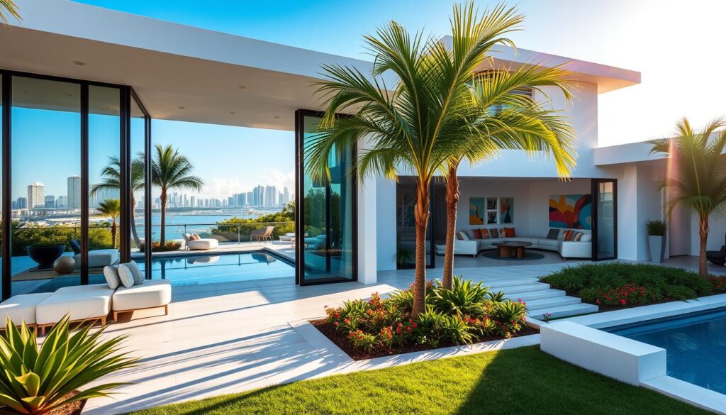 A modern, stylish home in Miami, reflecting a blend of contemporary architecture and tropical elegance, featuring large windows that encourage natural light. In the foreground, a well-manicured garden with palm trees and colorful flowers, a sleek patio area with comfortable seating, and a view of the shimmering blue pool. The middle ground showcases the spacious living area visible through glass doors, decorated with minimalistic furnishings and vibrant artwork. In the background, a bright Miami skyline under a clear blue sky, with the sun casting soft golden rays. The atmosphere is welcoming and serene, evoking a sense of fresh beginnings in a vibrant, sunny location.