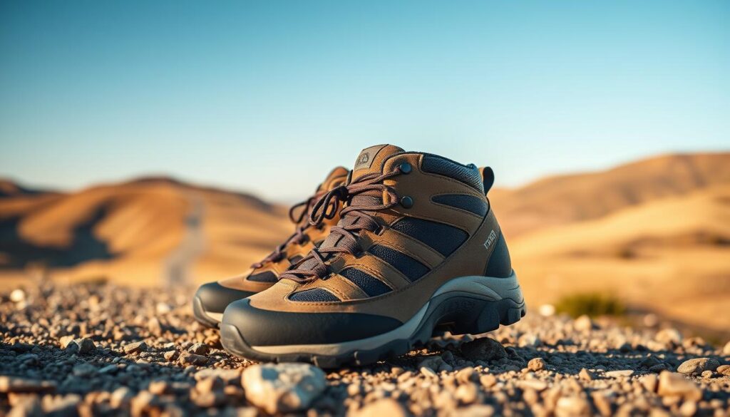 A pair of men's trekking shoes prominently displayed in the foreground, showcasing their rugged design and high-quality materials. The shoes should have a scene indicating comfort and suitability for long walks, like a well-worn path or rocky terrain in the middle ground. In the background, a picturesque landscape with rolling hills and a clear blue sky enhances the adventurous spirit. The lighting should be warm and natural, simulating the golden hour glow that reflects off the shoe surfaces, highlighting their features. The angle should emphasize the shoes at a slight tilt, inviting the viewer to appreciate their craftsmanship and functionality. The atmosphere should convey a sense of exploration and readiness for outdoor adventures, emphasizing the importance of fit and comfort in trekking footwear.