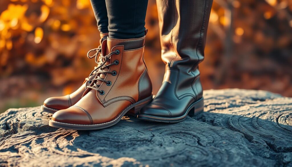 A pair of stylish Remonte ankle boots and knee-high boots displayed prominently on a textured, rustic wooden surface. The boots are crafted from high-quality leather in warm autumnal tones, with intricate stitching and elegant designs that highlight comfort and sophistication. In the background, soft-focus autumn foliage in rich oranges and browns provides a cozy seasonal atmosphere. The lighting is warm and inviting, casting gentle shadows to accentuate the boots' details. A slight angle captures the boots from a dynamic perspective, making them the focal point of the image. The overall mood conveys warmth, comfort, and an embrace of chilly days, perfect for an article on high-quality footwear. A pair of stylish Remonte ankle boots and knee-high boots displayed prominently on a textured, rustic wooden surface. The boots are crafted from high-quality leather in warm autumnal tones, with intricate stitching and elegant designs that highlight comfort and sophistication. In the background, soft-focus autumn foliage in rich oranges and browns provides a cozy seasonal atmosphere. The lighting is warm and inviting, casting gentle shadows to accentuate the boots' details. A slight angle captures the boots from a dynamic perspective, making them the focal point of the image. The overall mood conveys warmth, comfort, and an embrace of chilly days, perfect for an article on high-quality footwear.