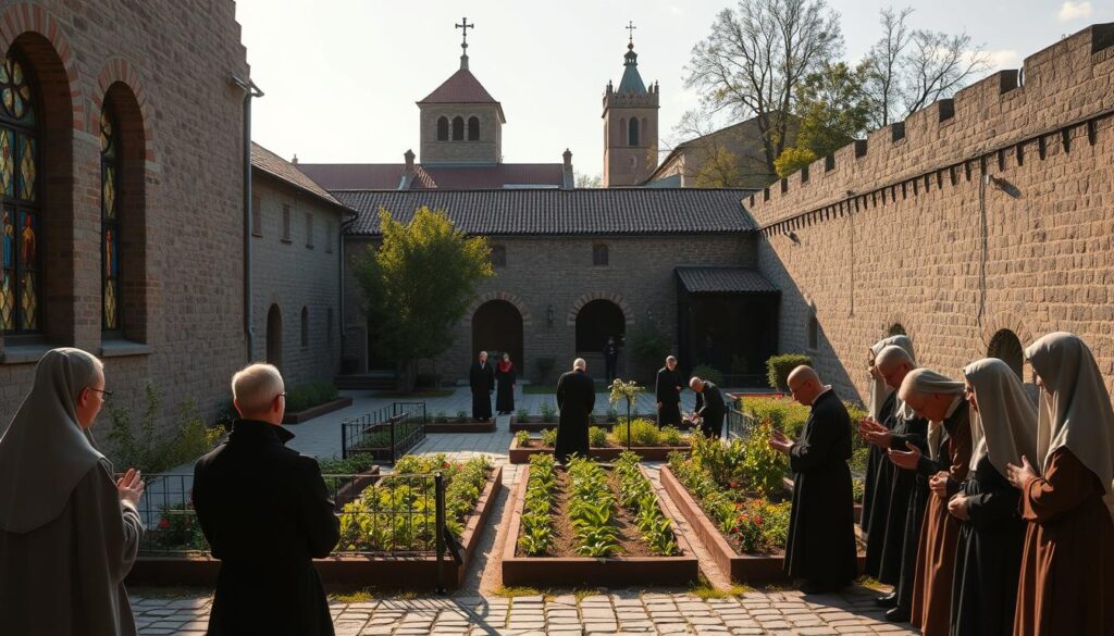 A peaceful and serene scene depicting the daily life of Redemptorist monks at their monastery in Toruń. In the foreground, a group of monks in modest religious attire engaging in prayer and meditation, illuminated by soft, warm sunlight filtering through stained glass windows. The middle ground features the monastery, showcasing its traditional architecture with stone walls, arched doorways, and a neatly maintained garden where monks tend to plants. In the background, the protective walls of the monastery and a watchtower are seen, suggesting a sense of security and vigilance over the premises. The atmosphere is tranquil and reflective, capturing the essence of monastic life and community spirit. The scene is framed with a slightly elevated angle, giving a comprehensive view of both the monks and their sacred environment.