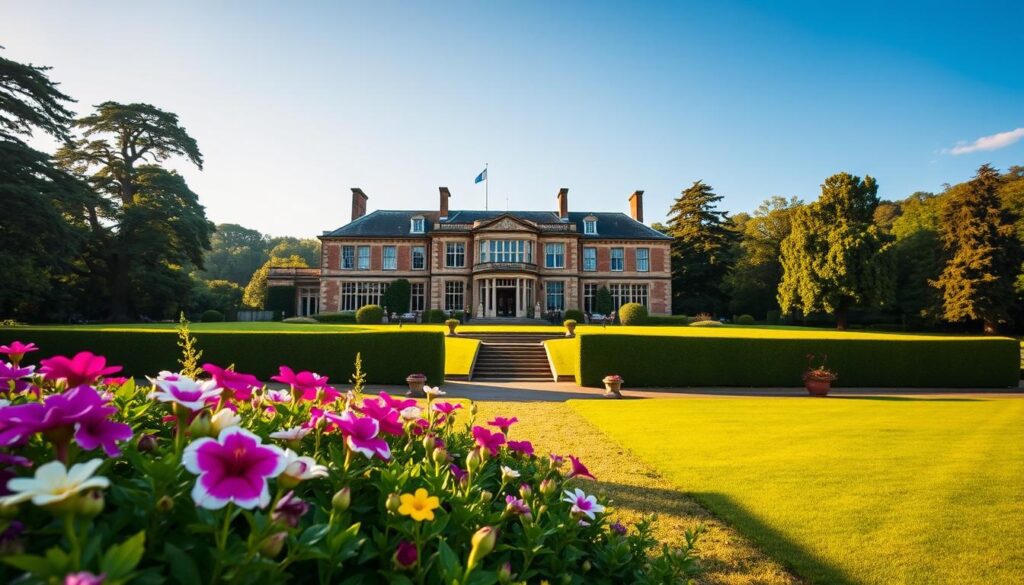 A picturesque view of the historical Forest Lodge in Windsor Great Park, showcasing its elegant architecture and lush gardens. The foreground features vibrant floral beds, with neatly trimmed hedges leading to the grand entrance of the lodge. In the middle, the impressive building stands out, characterized by its classic English style with large windows and stone details. The background reveals the expansive greenery of Windsor Great Park, dotted with ancient trees under a clear blue sky. Soft, golden afternoon light illuminates the scene, creating a warm and inviting atmosphere. The angle captures the lodge from a slight elevation, enhancing its stature and the beauty of the surrounding landscape. The scene conveys a sense of royal history and tranquility, perfect for illustrating the residence's significance.