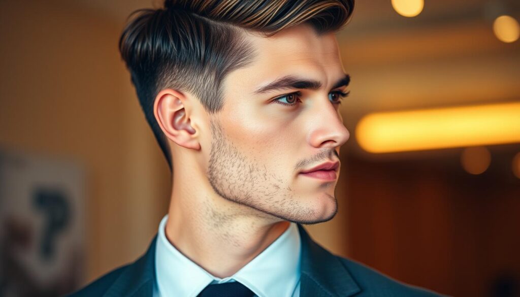 A polished male model with a contemporary take on the classic 'fryzura pazia' hairstyle, showcasing an elegant balance between retro and modern styling. He has distinct facial features that emphasize the suitability of the hairstyle, with a strong jawline, high cheekbones, and warm skin tones. The model is dressed in a smart-casual outfit, subtly blending style and professionalism. The background is softly blurred to keep focus on the hairstyle, with warm, natural lighting that highlights the texture and shape of the hair, projecting an approachable yet sophisticated atmosphere. The camera angle is slightly tilted, capturing a side view to accentuate the hairstyle’s profile and its harmony with the model's facial features. A polished male model with a contemporary take on the classic 'fryzura pazia' hairstyle, showcasing an elegant balance between retro and modern styling. He has distinct facial features that emphasize the suitability of the hairstyle, with a strong jawline, high cheekbones, and warm skin tones. The model is dressed in a smart-casual outfit, subtly blending style and professionalism. The background is softly blurred to keep focus on the hairstyle, with warm, natural lighting that highlights the texture and shape of the hair, projecting an approachable yet sophisticated atmosphere. The camera angle is slightly tilted, capturing a side view to accentuate the hairstyle’s profile and its harmony with the model's facial features.