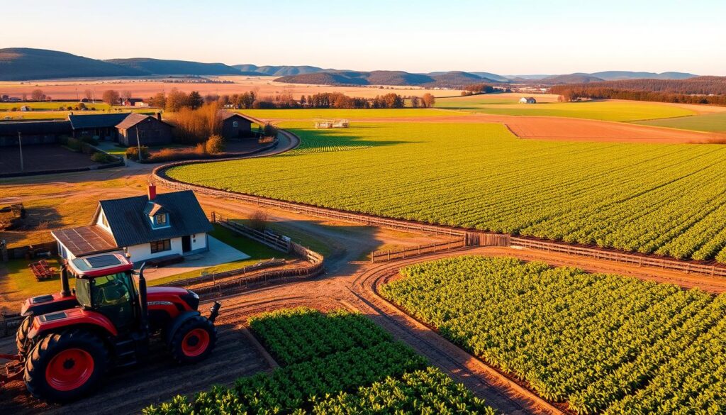 A scenic view of a rural farm belonging to Waldemar Pawlak, featuring a wide expanse of fields displaying lush green crops and a well-maintained farmhouse in the foreground. Include farming equipment such as a modern tractor and plowed land, emphasizing the operational aspect of the farm. The middle ground should show rows of crops extending towards the horizon, bathed in warm, golden sunlight, suggesting late afternoon. In the background, gentle hills and a clear blue sky create a serene atmosphere. Capture the imagery from a slight aerial angle to provide depth, making it feel inviting and prosperous. The scene should evoke a sense of hard work, dedication, and tranquility in rural life.