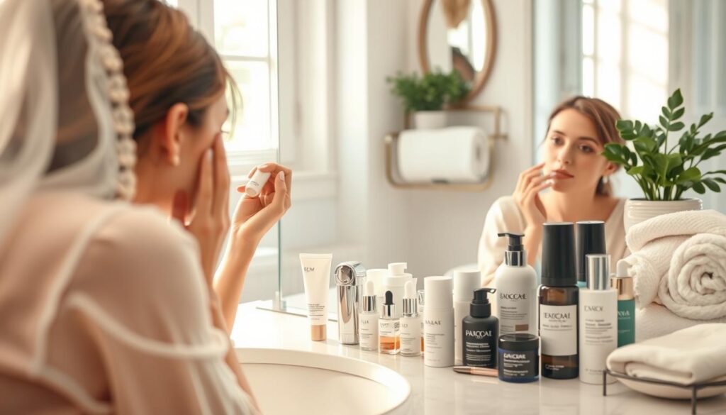 A serene bathroom scene featuring a well-organized vanity with an array of makeup products. In the foreground, a professional-looking woman in modest casual attire examines her skin in a mirror, holding a makeup primer. The mid-ground includes an array of high-quality skincare products, emphasizing the use of a primer with labels visible but no text. Soft, natural light filters through a window, creating a warm and inviting atmosphere. The background displays elegant decor with potted plants and soft towels, enhancing the sense of a personal care space. The overall mood is calm and focused, illustrating the theme of thoughtful skincare routines before applying makeup.