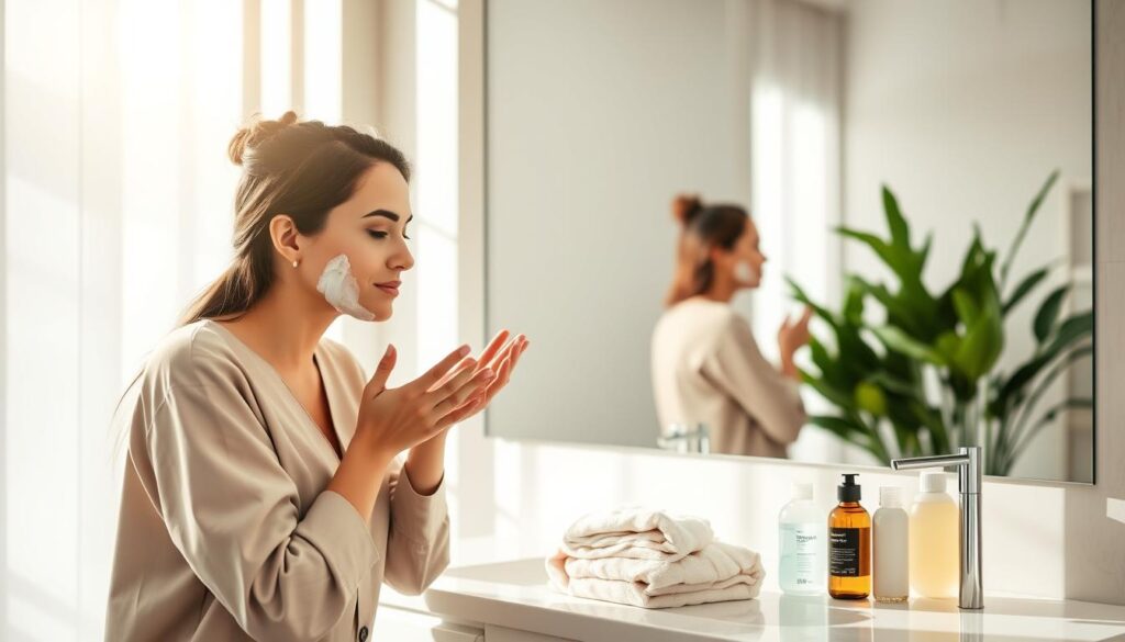 A serene bathroom setting filled with natural light, showcasing a modern vanity. In the foreground, a professional woman in modest casual clothing gently cleanses her face with a foaming cleanser, her skin glowing. A soft, plush towel and skincare products like toner and moisturizer are arranged neatly on the countertop. In the middle, a mirror reflects her focused expression, highlighting the importance of preparation for flawless makeup application. The background features soft, neutral-colored walls and indoor plants, creating a calming atmosphere. The lighting is warm and flattering, casting soft shadows to enhance the serene mood. Capture this moment to convey the essence of cleansing and toning for perfect makeup readiness. A serene bathroom setting filled with natural light, showcasing a modern vanity. In the foreground, a professional woman in modest casual clothing gently cleanses her face with a foaming cleanser, her skin glowing. A soft, plush towel and skincare products like toner and moisturizer are arranged neatly on the countertop. In the middle, a mirror reflects her focused expression, highlighting the importance of preparation for flawless makeup application. The background features soft, neutral-colored walls and indoor plants, creating a calming atmosphere. The lighting is warm and flattering, casting soft shadows to enhance the serene mood. Capture this moment to convey the essence of cleansing and toning for perfect makeup readiness.