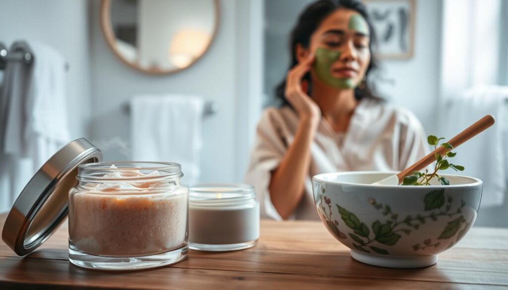 A serene bathroom setting with soft, natural lighting illuminating a wooden vanity. In the foreground, there is a stylish glass skincare jar, its lid slightly ajar, revealing a vibrant, creamy exfoliation product. Next to it, a refreshing face mask in a painted ceramic bowl, adorned with fresh herbs. A gentle steam rises in the air, enhancing the atmosphere of calm. In the middle ground, a person, dressed in comfortable, modest loungewear, is gently applying the mask to her face using a wooden spatula. Her expression reflects tranquility and focus. The background features softly blurred bathroom fixtures, such as a mirror and elegant towels, to maintain an organized and clean appearance. The entire scene embodies a sense of relaxation, preparation, and elegance, perfect for skincare. A serene bathroom setting with soft, natural lighting illuminating a wooden vanity. In the foreground, there is a stylish glass skincare jar, its lid slightly ajar, revealing a vibrant, creamy exfoliation product. Next to it, a refreshing face mask in a painted ceramic bowl, adorned with fresh herbs. A gentle steam rises in the air, enhancing the atmosphere of calm. In the middle ground, a person, dressed in comfortable, modest loungewear, is gently applying the mask to her face using a wooden spatula. Her expression reflects tranquility and focus. The background features softly blurred bathroom fixtures, such as a mirror and elegant towels, to maintain an organized and clean appearance. The entire scene embodies a sense of relaxation, preparation, and elegance, perfect for skincare.