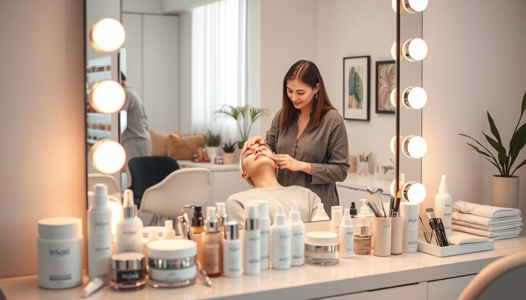 A serene beauty studio interior, featuring an elegant vanity mirror with soft, warm lighting that creates a cozy ambiance. In the foreground, an array of professional skincare products is neatly displayed, including soothing creams, serums, and tools for skin preparation. In the middle, a cosmetologist in modest casual clothing is demonstrating a gentle skin cleansing procedure on a client, who is relaxed and attentive. The background includes stylish decor elements such as potted plants and artful wall decor, adding a touch of sophistication. The atmosphere is calm and inviting, emphasizing the importance of proper skincare routines before permanent makeup. A softly blurred effect enhances the focus on the procedures being performed, under bright but gentle lighting.