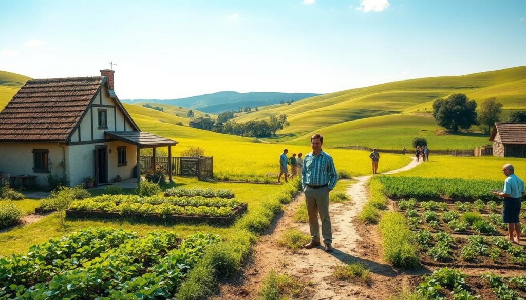A serene rural landscape depicting the essence of village life blended with elements of political engagement. In the foreground, a modest farmhouse reflects traditional architecture, surrounded by lush gardens and a neat vegetable patch. A figure dressed in smart casual attire, reminiscent of a politician, is seen engaging with villagers, discussing community issues. The middle ground features people actively participating in village activities, such as farming, while a path leads to a community gathering area with informal conversations happening. In the background, rolling green hills under a bright blue sky complete the idyllic scene. The lighting is warm and inviting, suggesting a late afternoon sun, creating a peaceful and harmonious atmosphere, highlighting the connection between rural life and public service.