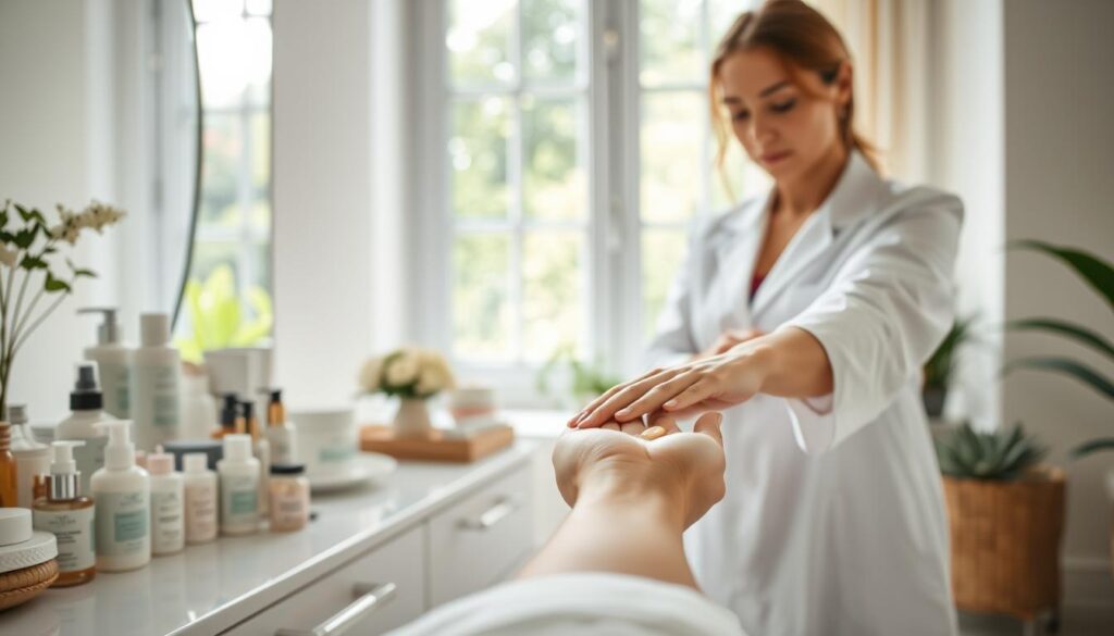 A serene spa setting for skin care preparation, featuring a well-organized vanity with various skin care products arranged artistically. In the foreground, a professional skin therapist in a white lab coat applies sunscreen on a client's forearm, demonstrating care and expertise. The client is dressed in modest, casual clothing and appears relaxed. In the middle background, soft, natural light filters through large windows showcasing lush greenery, enhancing the calming atmosphere. The color palette includes soothing pastels, conveying a sense of tranquility and readiness. A close-up view, with a shallow depth of field, focuses on the therapist's hands massaging the sunscreen, while the background remains softly blurred, creating an inviting and nurturing environment for skin protection prior to a cosmetic procedure.