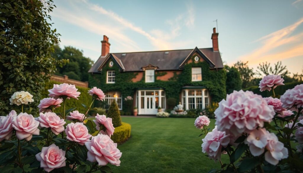 A serene view of Adelaide Cottage at dawn, surrounded by lush greenery and blooming flowers. The foreground features a neatly manicured garden with vibrant roses and hydrangeas in soft pinks and whites, welcoming the morning light. In the middle, the elegant façade of Adelaide Cottage showcases its charming architecture, with ivy climbing the walls and large windows reflecting the first light of the day. The background reveals a soft blue sky, streaked with gentle pastel hues of orange and pink, indicating sunrise. The atmosphere conveys tranquility and royal charm, evoking the private life of Prince William and Kate Middleton, hinted through the picturesque setting. Capture the image with a soft focus lens to emphasize the peaceful morning ambiance.