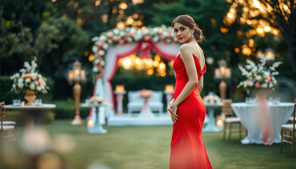 A serene wedding scene showcasing a stylishly dressed woman in a vibrant red dress, standing gracefully amidst a lush outdoor setting. The foreground features her poised figure, accentuated by elegant accessories and subtle makeup, while her expression reflects contemplation, as she considers her outfit choice. In the middle ground, a beautifully arranged wedding altar and tables adorned with fresh flowers and soft lighting create a romantic ambience. The background displays soft, blurred greenery and a hint of a sunset sky, enhancing the warm and intimate atmosphere. Use soft, natural lighting to evoke a sense of tranquility and elegance. The composition should focus on the subject, suggesting the importance of color choice for ceremonial attire in a respectful and tasteful manner.