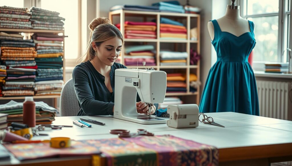 A skilled seamstress working diligently at a sewing machine, surrounded by vibrant fabric swatches in various colors and patterns. The foreground features a well-organized workspace with tools like scissors, measuring tape, and threads neatly arranged. In the mid-ground, shelves filled with neatly folded textiles and a dress form displaying a half-finished dress, showcasing exquisite detailing and intricate stitching. The background includes soft, natural light streaming through a window, creating a warm and inviting atmosphere. The scene evokes a sense of creativity and artistry, highlighting the labor and dedication involved in making a custom garment. The composition should convey a blend of professionalism and passion, captured from an angle that emphasizes both the seamstress and her work environment. A skilled seamstress working diligently at a sewing machine, surrounded by vibrant fabric swatches in various colors and patterns. The foreground features a well-organized workspace with tools like scissors, measuring tape, and threads neatly arranged. In the mid-ground, shelves filled with neatly folded textiles and a dress form displaying a half-finished dress, showcasing exquisite detailing and intricate stitching. The background includes soft, natural light streaming through a window, creating a warm and inviting atmosphere. The scene evokes a sense of creativity and artistry, highlighting the labor and dedication involved in making a custom garment. The composition should convey a blend of professionalism and passion, captured from an angle that emphasizes both the seamstress and her work environment.
