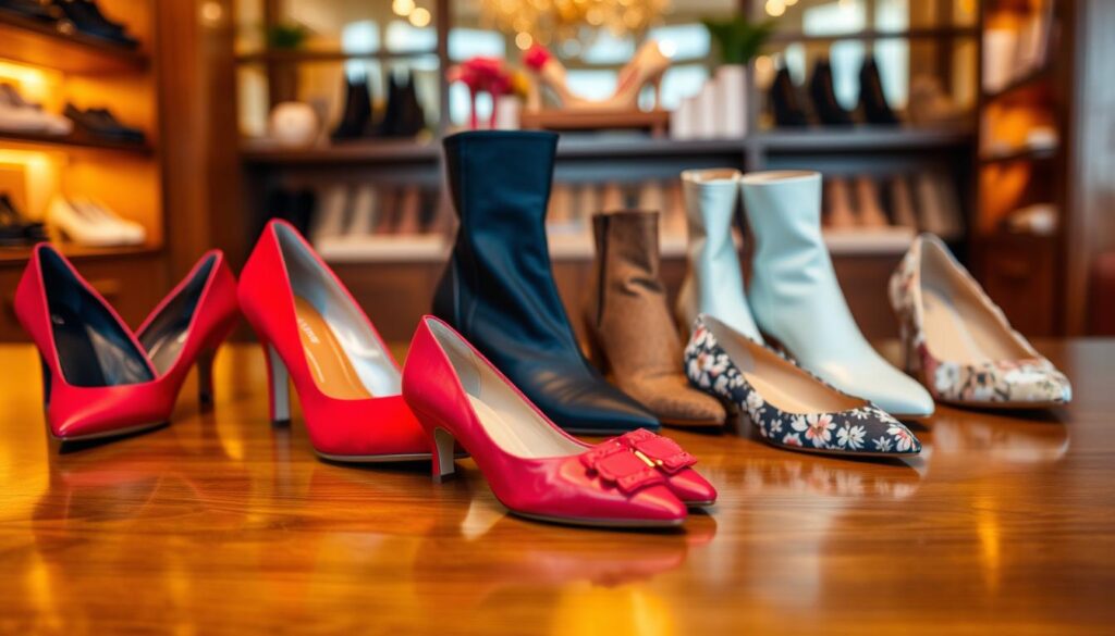 A stylish arrangement of R.Polański shoes showcasing a variety of colors and patterns. The foreground features a polished wooden surface with a selection of elegant high-heeled shoes, ankle boots, and flats in vibrant colors like deep red, navy blue, and soft pastels. The middle ground includes subtle floral and geometric patterns on the footwear, reflecting the brand's distinctive design ethos. The background softly blurs into a cozy, upscale boutique setting with warm lighting that enhances the hues of the shoes. Capture the scene from a slightly elevated angle, focusing on the intricate details of the textures and patterns, creating an inviting and sophisticated atmosphere that highlights the elegance of the R.Polański footwear collection.