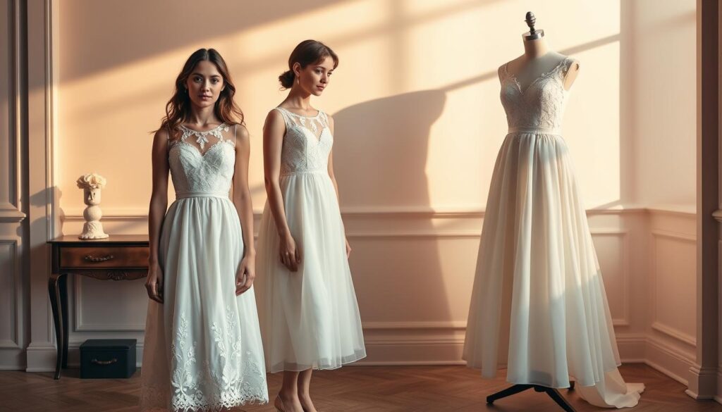 A stylish array of communion dresses in three different lengths: midi, mini, and maxi. Each dress should be elegantly tailored, showcasing soft, flowing fabrics with delicate lace and floral embroidery. In the foreground, a model wears a chic midi dress, while another nearby showcases a charming mini design. In the background, a graceful maxi dress drapes beautifully on a mannequin. The scene is softly illuminated with warm, natural light, enhancing the delicate textures and colors of the dresses. The setting is a sophisticated boutique, with pastel-colored walls and gentle shadows creating a serene and inviting atmosphere. The composition captures the essence of elegance and suitability for the occasion.