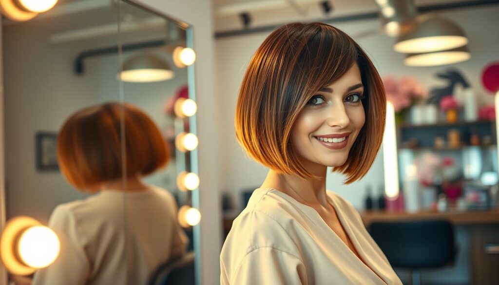 A stylish bob haircut with a tapered back, showcasing a smooth gradient in color, transitioning from a deep chestnut at the roots to a soft caramel at the tips. The model, a woman with a confident smile, is casually positioned in a modern, well-lit salon setting. She wears a chic, professional blouse that complements her hairstyle. The foreground features reflections in a large salon mirror, emphasizing the skillful cut and rich hues of her hair. The lighting is warm and inviting, creating a cozy atmosphere, while the background displays sleek hairdressing tools and vibrant decor that enhances the theme of stylish haircare. Capture the essence of the trendy bob and its versatility in enhancing facial features. A stylish bob haircut with a tapered back, showcasing a smooth gradient in color, transitioning from a deep chestnut at the roots to a soft caramel at the tips. The model, a woman with a confident smile, is casually positioned in a modern, well-lit salon setting. She wears a chic, professional blouse that complements her hairstyle. The foreground features reflections in a large salon mirror, emphasizing the skillful cut and rich hues of her hair. The lighting is warm and inviting, creating a cozy atmosphere, while the background displays sleek hairdressing tools and vibrant decor that enhances the theme of stylish haircare. Capture the essence of the trendy bob and its versatility in enhancing facial features.
