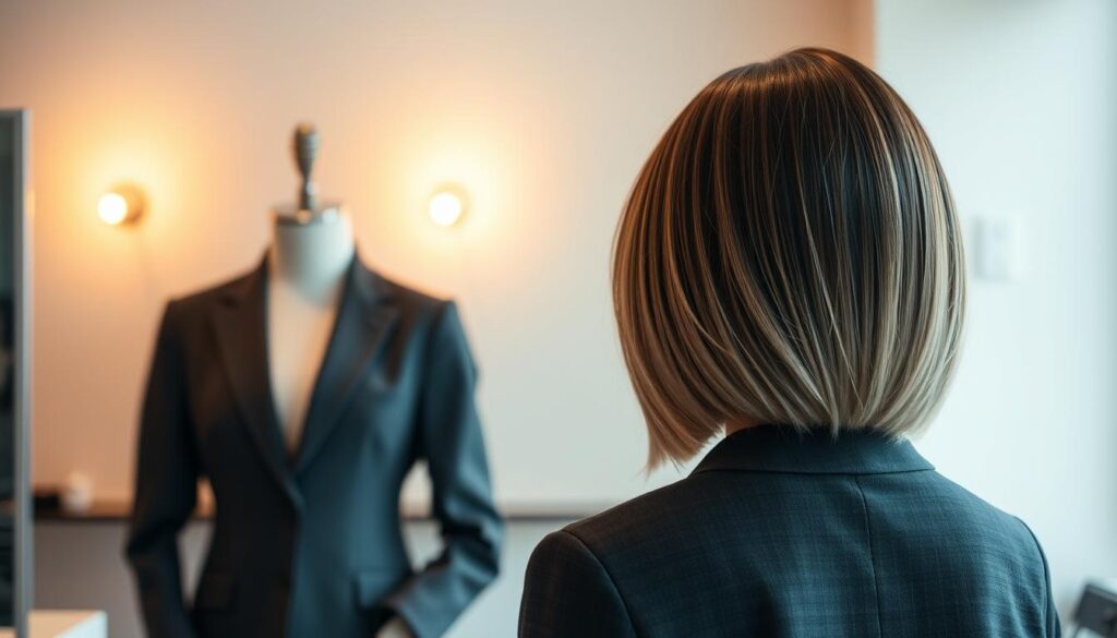 A stylish bob hairstyle with a tapered back and voluminous crown, showcasing a trendy, modern 'bombka' look. The foreground features a close-up of the hairstyle, highlighting the smooth layers and soft, blended shades creating a gradient effect from dark at the roots to lighter through the ends. A mannequin or model with a professional appearance is positioned slightly off-center, wearing a chic, tailored blazer in neutral tones. In the middle ground, a softly blurred salon setting enhances the focus on the haircut, with elegant lighting illuminating the hair's texture and shine. The background features subtle, warm tones to evoke a sophisticated atmosphere, creating a sense of elegance and style. The overall mood is fresh, contemporary, and refined, ideal for showcasing this particular hairstyle. A stylish bob hairstyle with a tapered back and voluminous crown, showcasing a trendy, modern 'bombka' look. The foreground features a close-up of the hairstyle, highlighting the smooth layers and soft, blended shades creating a gradient effect from dark at the roots to lighter through the ends. A mannequin or model with a professional appearance is positioned slightly off-center, wearing a chic, tailored blazer in neutral tones. In the middle ground, a softly blurred salon setting enhances the focus on the haircut, with elegant lighting illuminating the hair's texture and shine. The background features subtle, warm tones to evoke a sophisticated atmosphere, creating a sense of elegance and style. The overall mood is fresh, contemporary, and refined, ideal for showcasing this particular hairstyle.
