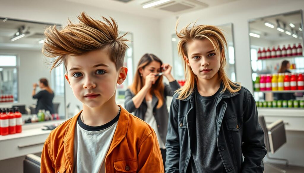 A stylish boy with long hair showcases bold and edgy haircuts, standing confidently in a bright, modern salon. The foreground features the boy in a trendy outfit, with his hair artistically styled – perhaps a textured undercut or a dramatic layered look that accentuates his personality. In the middle, the hairdresser, also in casual yet professional attire, works intently on the boy's hair, using high-quality styling tools. The background is filled with sleek salon décor, large mirrors reflecting natural light, and colorful hair products on shelves. The atmosphere is vibrant and dynamic, capturing the essence of modern youth fashion. The lighting is bright and inviting, emphasizing the textures of the hair and the boy's expressive demeanor. A stylish boy with long hair showcases bold and edgy haircuts, standing confidently in a bright, modern salon. The foreground features the boy in a trendy outfit, with his hair artistically styled – perhaps a textured undercut or a dramatic layered look that accentuates his personality. In the middle, the hairdresser, also in casual yet professional attire, works intently on the boy's hair, using high-quality styling tools. The background is filled with sleek salon décor, large mirrors reflecting natural light, and colorful hair products on shelves. The atmosphere is vibrant and dynamic, capturing the essence of modern youth fashion. The lighting is bright and inviting, emphasizing the textures of the hair and the boy's expressive demeanor.