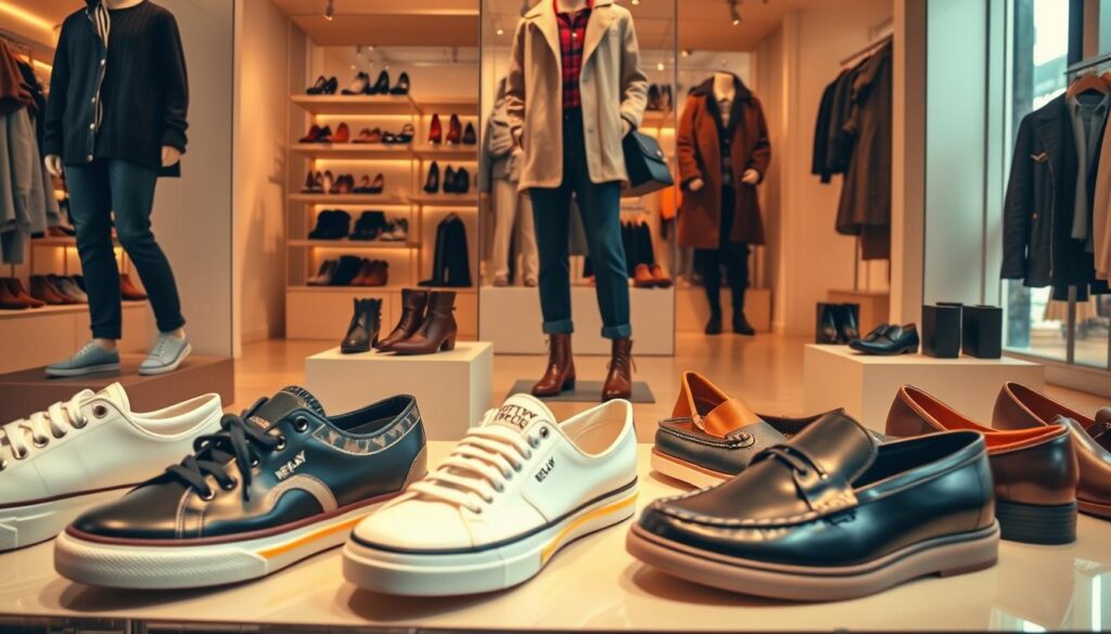 A stylish display of Replay footwear designed for various occasions and seasons, featuring a selection of elegant and casual shoes. In the foreground, showcase a variety of Replay shoes: trendy sneakers for playful summer outings, classic boots for autumn, and elegant loafers for formal events. The middle ground includes a mannequin dressed in chic, season-appropriate clothing that complements the shoes. The background features a softly lit boutique setting with warm tones, enhancing a cozy shopping atmosphere. Use natural light to create soft shadows, and a wide-angle lens to capture the entire scene. The mood should be inviting and vibrant, reflecting the essence of Replay's brand identity as a trendy and versatile footwear choice.