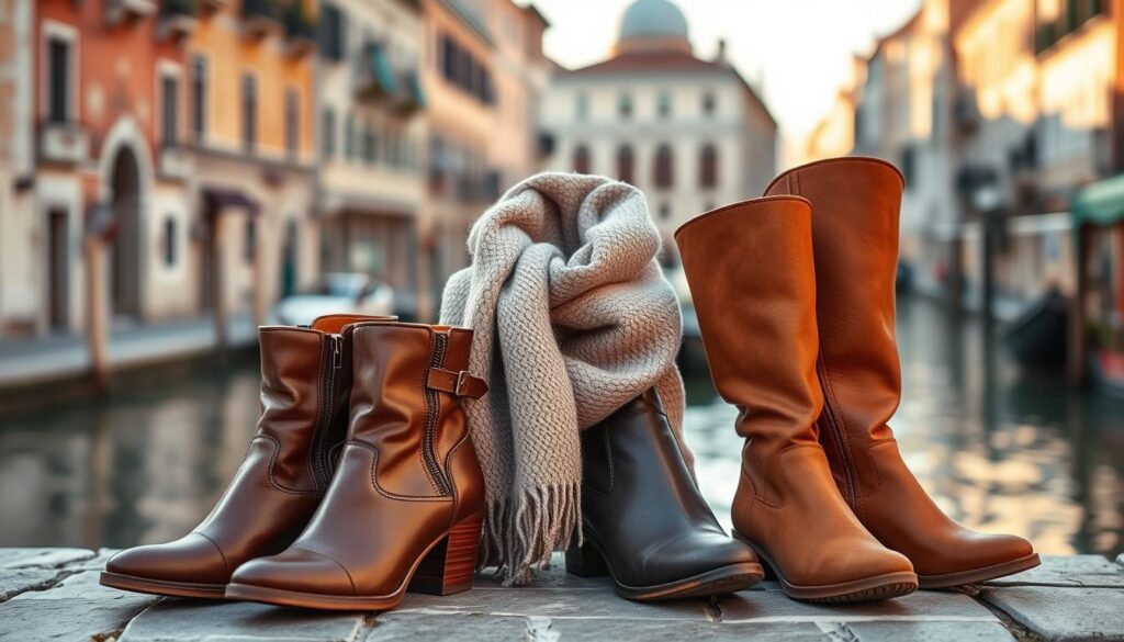 A stylish display of Venice autumn-winter footwear, featuring a pair of elegant ankle boots and knee-high boots, prominently placed in the foreground. The boots are crafted from high-quality leather in warm, rich tones, with intricate stitching details and chic designs. In the middle ground, a soft, textured wool scarf is artistically draped, adding to the cozy vibe of the scene. Set against a serene, softly blurred urban backdrop of Venice's charming canals and historic architecture, hinting at a fashionable stroll through the city. The lighting is warm and inviting, creating a soft glow that enhances the colors and textures. The atmosphere is elegant yet relaxed, capturing the essence of stylish comfort for cooler days. A stylish display of Venice autumn-winter footwear, featuring a pair of elegant ankle boots and knee-high boots, prominently placed in the foreground. The boots are crafted from high-quality leather in warm, rich tones, with intricate stitching details and chic designs. In the middle ground, a soft, textured wool scarf is artistically draped, adding to the cozy vibe of the scene. Set against a serene, softly blurred urban backdrop of Venice's charming canals and historic architecture, hinting at a fashionable stroll through the city. The lighting is warm and inviting, creating a soft glow that enhances the colors and textures. The atmosphere is elegant yet relaxed, capturing the essence of stylish comfort for cooler days.