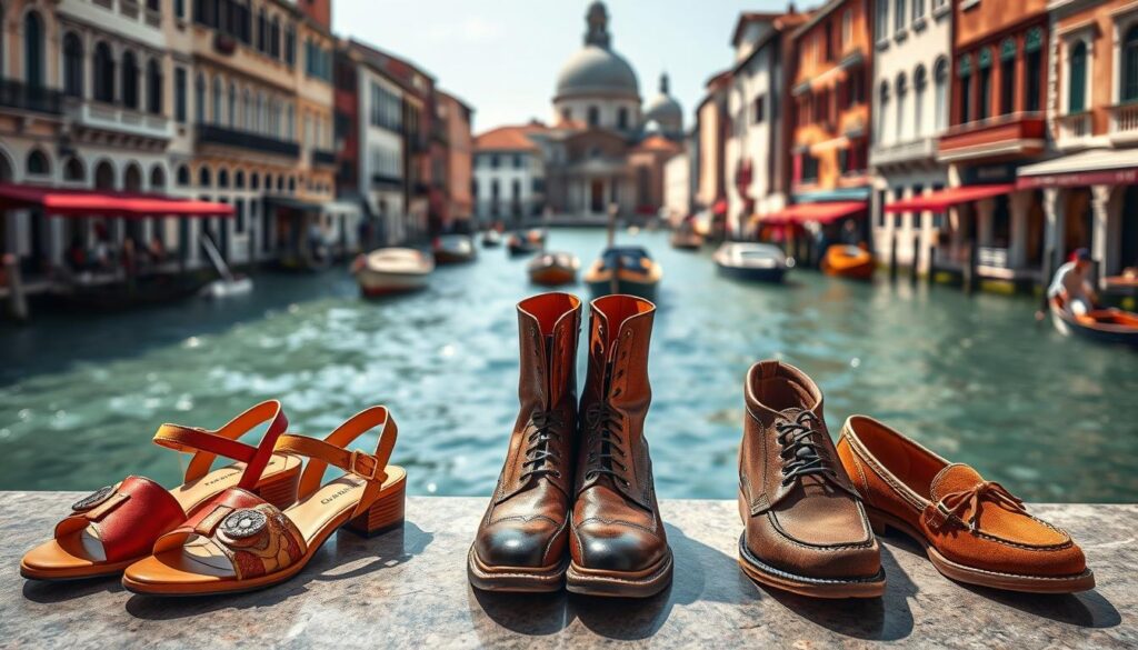 A stylish display of Venice footwear designed for different seasons, featuring a variety of models appropriate for spring, summer, autumn, and winter. In the foreground, showcase a pair of elegant Venice shoes with rich textures and vibrant colors suitable for each season, like bright sandals for summer, sturdy boots for winter, and chic loafers for autumn. In the middle ground, include a scenic backdrop of Venice's iconic canals and architecture, evoking the charm of the city. The lighting should reflect a warm, inviting atmosphere, with soft sunlight illuminating the footwear, creating gentle shadows. Capture the image from a slightly elevated angle, emphasizing the intricacies of the shoe designs while blending seamlessly with the serene Venetian environment. A stylish display of Venice footwear designed for different seasons, featuring a variety of models appropriate for spring, summer, autumn, and winter. In the foreground, showcase a pair of elegant Venice shoes with rich textures and vibrant colors suitable for each season, like bright sandals for summer, sturdy boots for winter, and chic loafers for autumn. In the middle ground, include a scenic backdrop of Venice's iconic canals and architecture, evoking the charm of the city. The lighting should reflect a warm, inviting atmosphere, with soft sunlight illuminating the footwear, creating gentle shadows. Capture the image from a slightly elevated angle, emphasizing the intricacies of the shoe designs while blending seamlessly with the serene Venetian environment.