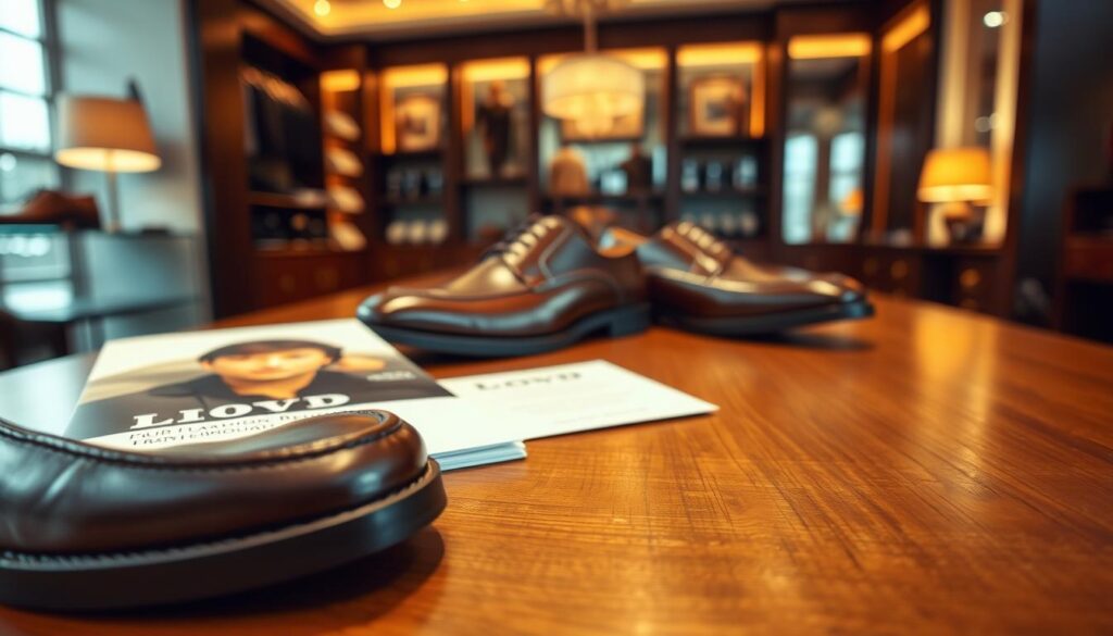 A stylish display of premium Lloyd shoes arranged elegantly on a polished wooden surface, with a soft light highlighting their craftsmanship. The foreground features a close-up of a pair of classic leather shoes, showcasing intricate stitching and a glossy finish. In the middle ground, a neatly folded brochure featuring prices and reviews is partially visible, hinting at quality and sophistication. The background consists of a softly blurred boutique environment, reflecting an upscale atmosphere with elegant decor and warm lighting. The scene captures a mood of refined luxury, emphasizing the flawless German design and classic elegance that Lloyd represents. The perspective is eye-level to evoke a sense of intimacy with the products.