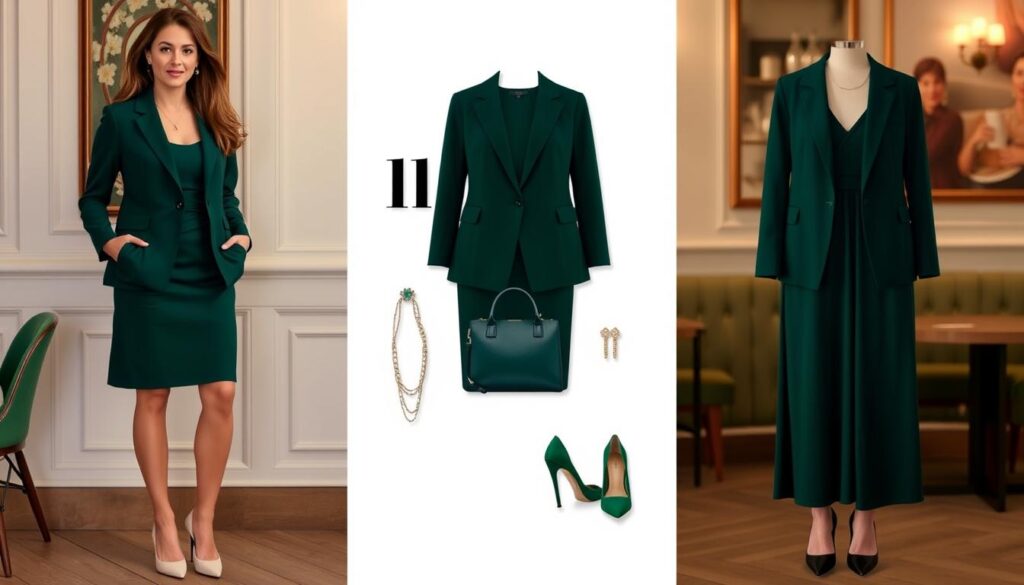A stylish ensemble featuring a deep bottle green outfit suitable for everyday wear, work, and an evening event. In the foreground, showcase a woman dressed in a sleek, tailored bottle green blazer over a matching dress, paired with classic heels, exuding confidence and elegance. In the middle, display accessories like a chic handbag and subtle jewelry that enhance the outfit without overpowering it. The background features a soft, stylish café setting with ambient lighting, creating a warm and inviting atmosphere. The angle is a slight high view to capture the full outfit while keeping the background subtly blurred. The mood is sophisticated and approachable, highlighting the versatility of bottle green attire across different occasions.