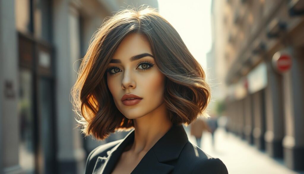 A stylish female model with a short bob hairstyle stands confidently against a soft, blurred background of a chic urban setting. She showcases a sleek bob with polished waves, reflecting an effortlessly sophisticated look. Her hair has a shiny finish, highlighting gentle undulations that embody controlled chaos, enhancing the textural depth. The model wears a tailored, elegant outfit that complements her hairstyle, exuding both daring and refinement. Soft, diffused sunlight bathes the scene, creating a warm, inviting atmosphere. A close-up perspective captures the delicate details of her hairstyle, emphasizing the smoothness and intricate styling. The overall mood is one of modern empowerment, ideal for bold women embracing the shortest, most fashionable versions of the classic bob.