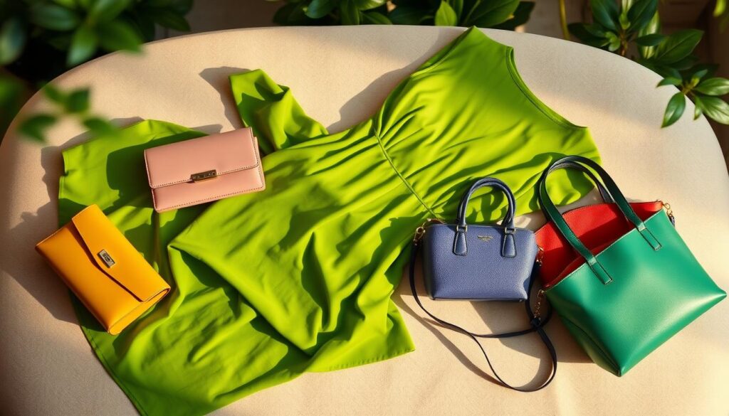 A stylish flat lay featuring a vibrant green dress elegantly draped on a soft, textured surface. Surrounding the dress, showcase an array of handbags in various complementary colors: soft pastels, bold jewel tones, and classic neutrals. Each bag should exhibit distinct styles, like a sleek clutch, a structured tote, and a chic crossbody, highlighting their unique textures and details. The lighting should be soft and warm, casting gentle shadows to enhance the visual appeal. In the background, include blurred hints of lush greenery to reflect the theme of nature, creating a harmonious and fresh atmosphere. Emphasize a modern and fashionable mood, ideal for showcasing color coordination with a green dress. A stylish flat lay featuring a vibrant green dress elegantly draped on a soft, textured surface. Surrounding the dress, showcase an array of handbags in various complementary colors: soft pastels, bold jewel tones, and classic neutrals. Each bag should exhibit distinct styles, like a sleek clutch, a structured tote, and a chic crossbody, highlighting their unique textures and details. The lighting should be soft and warm, casting gentle shadows to enhance the visual appeal. In the background, include blurred hints of lush greenery to reflect the theme of nature, creating a harmonious and fresh atmosphere. Emphasize a modern and fashionable mood, ideal for showcasing color coordination with a green dress.