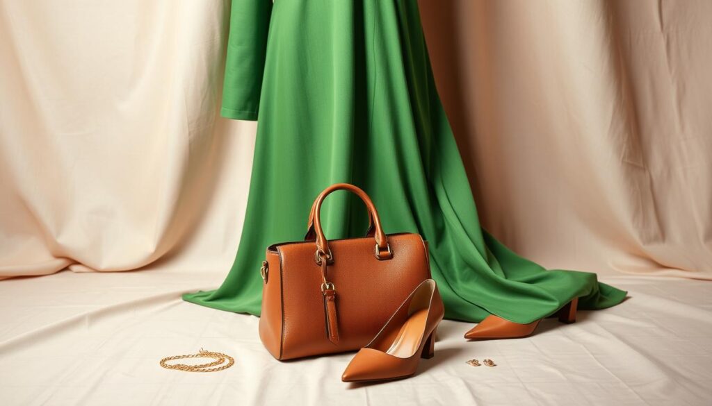 A stylish green dress elegantly draped on a mannequin in the foreground, showcasing its soft fabric and delicate details. In the foreground, a chic handbag in a complementing shade of brown leather lies next to a pair of matching high-heeled shoes, highlighting their fashionable design. Beautiful jewelry, including a subtle gold necklace and matching earrings, are carefully arranged nearby, adding a touch of sophistication. The middle ground features a soft, light-colored fabric backdrop that enhances the green of the dress. Gentle, diffused lighting casts soft shadows, creating a warm and inviting atmosphere. The camera angle is slightly above eye level, focusing on the ensemble while maintaining a clean, professional aesthetic. The mood is stylish, sophisticated, and perfectly coordinated, embodying a harmonious blend of fashion accessories. A stylish green dress elegantly draped on a mannequin in the foreground, showcasing its soft fabric and delicate details. In the foreground, a chic handbag in a complementing shade of brown leather lies next to a pair of matching high-heeled shoes, highlighting their fashionable design. Beautiful jewelry, including a subtle gold necklace and matching earrings, are carefully arranged nearby, adding a touch of sophistication. The middle ground features a soft, light-colored fabric backdrop that enhances the green of the dress. Gentle, diffused lighting casts soft shadows, creating a warm and inviting atmosphere. The camera angle is slightly above eye level, focusing on the ensemble while maintaining a clean, professional aesthetic. The mood is stylish, sophisticated, and perfectly coordinated, embodying a harmonious blend of fashion accessories.