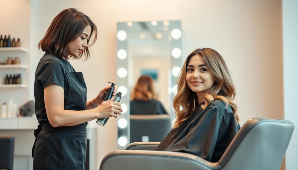 A stylish hair salon scene featuring a professional hair stylist attending to a client with medium-length hair, styled in soft waves. The foreground showcases the stylist, dressed in a chic black apron and modest attire, working meticulously with premium hair care products. The client sits in a modern salon chair, looking relaxed and pleased. In the middle ground, a well-lit mirror reflects the care process, emphasizing the hair’s healthy shine. The background includes elegantly arranged salon tools, bright, diffused lighting, and a calming color palette of soft pastels, creating a warm and inviting atmosphere. The image captures a sense of professionalism and sophistication, highlighting the importance of hair maintenance for achieving a fashionable look.