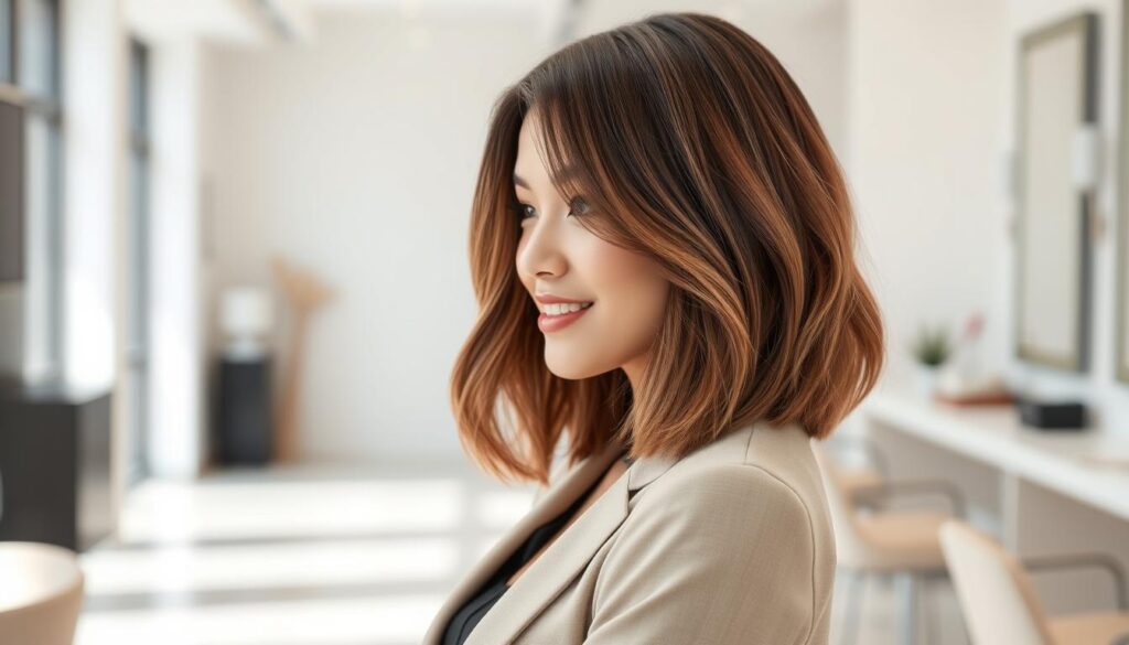 A stylish long bob haircut, elegantly layered and specifically designed for thin hair, showcasing its lightness and volume. The model, a young woman in a sleek, professional outfit, stands in a minimalistic salon setting with bright, natural lighting highlighting her hair's subtle texture. She has a soft smile, exuding confidence and sophistication. The bob frames her face beautifully, swaying gently at shoulder length, with subtle waves that create an impression of fullness. The background features modern salon decor with clean lines and soft colors, enhancing the overall serene atmosphere. The angle captures her from the side to emphasize the haircut's shape and movement, resulting in a polished and inviting image. A stylish long bob haircut, elegantly layered and specifically designed for thin hair, showcasing its lightness and volume. The model, a young woman in a sleek, professional outfit, stands in a minimalistic salon setting with bright, natural lighting highlighting her hair's subtle texture. She has a soft smile, exuding confidence and sophistication. The bob frames her face beautifully, swaying gently at shoulder length, with subtle waves that create an impression of fullness. The background features modern salon decor with clean lines and soft colors, enhancing the overall serene atmosphere. The angle captures her from the side to emphasize the haircut's shape and movement, resulting in a polished and inviting image.