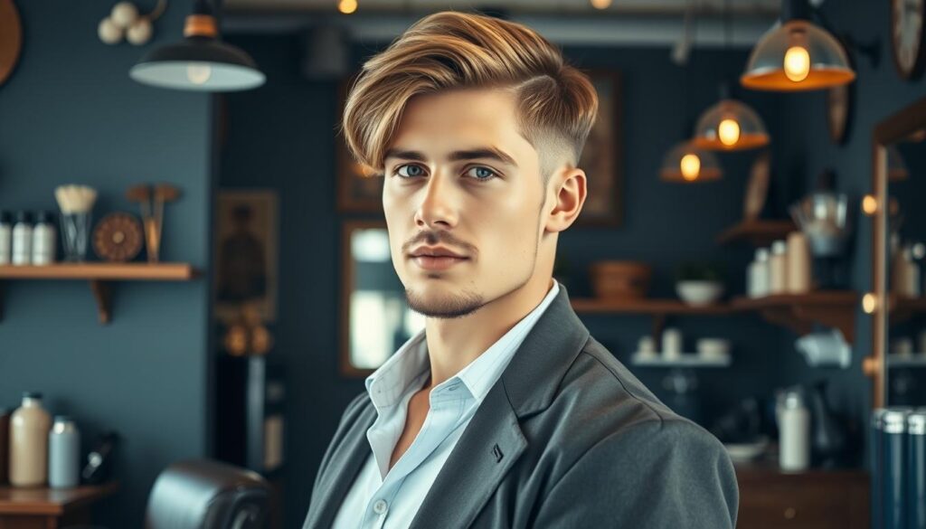 A stylish male model showcasing a natural retro "pazia" haircut, standing confidently in a well-lit, modern barber shop setting. The focus is on the clean lines and effortless texture of the hairstyle, which features soft waves blending seamlessly with the shorter sides. In the background, vintage barber tools and stylish decor evoke a classic atmosphere, complemented by warm, inviting lighting. The model is dressed in smart casual attire, exuding a balanced, contemporary charm. Capture the image from a slight angle to emphasize the haircut’s shape and flow, creating a relaxed yet polished mood that aligns with the essence of modern barbering. A stylish male model showcasing a natural retro "pazia" haircut, standing confidently in a well-lit, modern barber shop setting. The focus is on the clean lines and effortless texture of the hairstyle, which features soft waves blending seamlessly with the shorter sides. In the background, vintage barber tools and stylish decor evoke a classic atmosphere, complemented by warm, inviting lighting. The model is dressed in smart casual attire, exuding a balanced, contemporary charm. Capture the image from a slight angle to emphasize the haircut’s shape and flow, creating a relaxed yet polished mood that aligns with the essence of modern barbering.