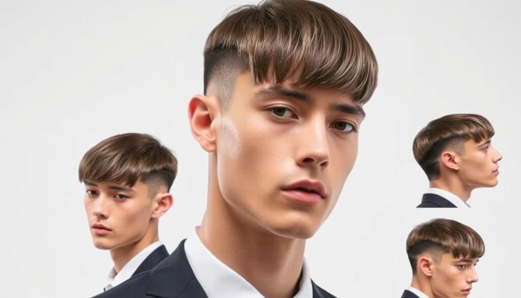 A stylish male model with a modern bowl cut hairstyle, showcasing different variants of the French crop. The foreground features a close-up of the model's head and shoulders, emphasizing the sleek, textured crop. In the middle, display various angles of the hairstyle, highlighting its versatility and contemporary feel. The background features a soft, neutral gradient to keep the focus on the hair. The lighting is bright and even, enhancing the model's features while casting subtle shadows for depth. The mood is trendy yet approachable, perfect for illustrating the resurgence of this iconic hairstyle. The model is dressed in a tailored, casual outfit, suitable for a fashion-focused article. A stylish male model with a modern bowl cut hairstyle, showcasing different variants of the French crop. The foreground features a close-up of the model's head and shoulders, emphasizing the sleek, textured crop. In the middle, display various angles of the hairstyle, highlighting its versatility and contemporary feel. The background features a soft, neutral gradient to keep the focus on the hair. The lighting is bright and even, enhancing the model's features while casting subtle shadows for depth. The mood is trendy yet approachable, perfect for illustrating the resurgence of this iconic hairstyle. The model is dressed in a tailored, casual outfit, suitable for a fashion-focused article.