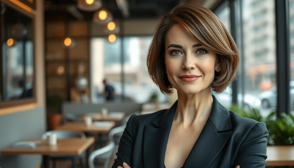 A stylish middle-aged woman confidently showcasing a mini bob hairstyle, elegantly framed in a modern urban setting. The foreground features the woman in a sleek, tailored business blazer, with soft lighting illuminating her face, highlighting the sharp angles of her haircut. In the middle ground, a minimalist café scene with muted colors complements the contemporary vibe, while stylish decor hints at sophistication. The background captures blurred cityscape elements, adding depth without distraction. The image conveys empowerment and fashion-forward attitude, with a focus on the chic and daring aspects of the mini bob hairstyle, emphasizing its fashionable and character-enhancing qualities. Use a soft focus lens to enhance the woman's features, creating a warm and inviting atmosphere.