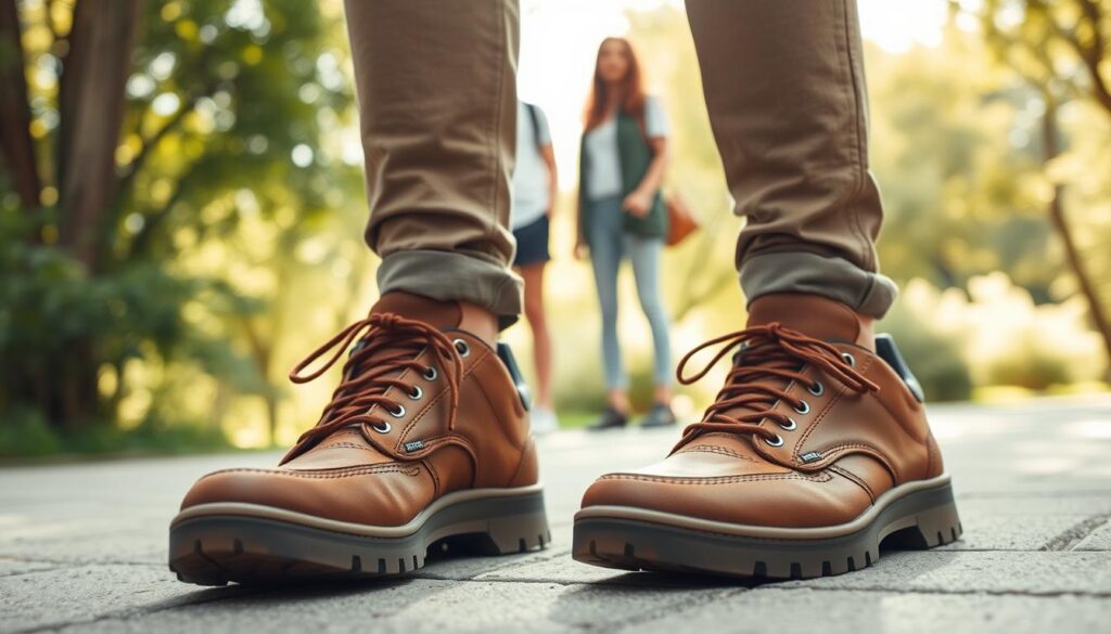 A stylish pair of Lumberjack sneakers prominently displayed in the foreground, showcasing their iconic rugged design and unique details, such as textured leather, sturdy laces, and supportive soles. The middle ground features a fashionable model wearing casual, modest clothing, highlighting the sneakers’ versatility for everyday use, standing against a natural background with soft greenery and warm sunlight filtering through the trees. The atmosphere is relaxed and inviting, capturing the essence of outdoor adventures and urban exploration. Use bright, natural lighting to emphasize the shoes' texture and color, shot from a low angle to create an engaging perspective. The image should evoke a sense of style, comfort, and practicality. A stylish pair of Lumberjack sneakers prominently displayed in the foreground, showcasing their iconic rugged design and unique details, such as textured leather, sturdy laces, and supportive soles. The middle ground features a fashionable model wearing casual, modest clothing, highlighting the sneakers’ versatility for everyday use, standing against a natural background with soft greenery and warm sunlight filtering through the trees. The atmosphere is relaxed and inviting, capturing the essence of outdoor adventures and urban exploration. Use bright, natural lighting to emphasize the shoes' texture and color, shot from a low angle to create an engaging perspective. The image should evoke a sense of style, comfort, and practicality.