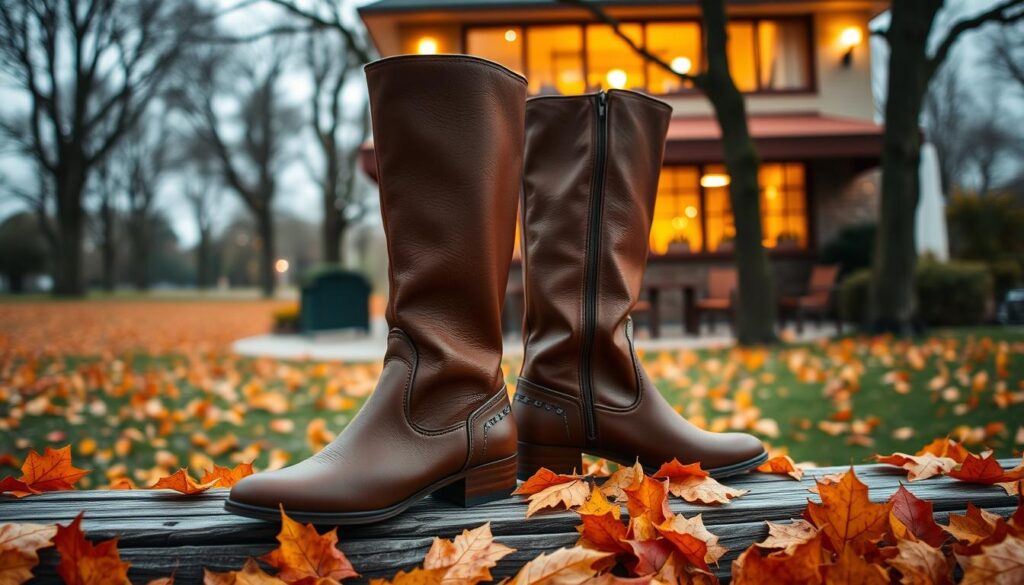A stylish pair of Refresh knee-high boots, crafted from soft, textured leather, showcased in a cozy autumn setting. The boots feature a sleek silhouette with a slight heel and elegant stitching details, perfect for fall and winter fashion. In the foreground, the boots are positioned on a rustic wooden bench surrounded by vibrant fallen leaves in shades of orange and yellow. In the middle ground, a softly blurred outline of a warm, inviting café is visible, with a glowing window that hints at a cozy interior. The background is a serene park with bare trees silhouetted against a softly lit, overcast sky, conveying an atmosphere of tranquility and seasonal transition. Natural light casts soft shadows, enhancing the textures and colors of the boots.