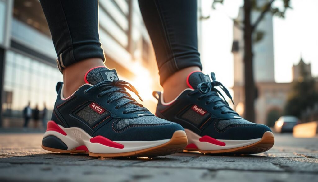 A stylish pair of women's Replay sneakers prominently displayed in the foreground, showcasing their urban design features. The sneakers feature a blend of denim fabric and vibrant accents, capturing a sporty yet fashionable essence. The middle ground includes a blurred urban streetscape, hinting at a bustling city life with soft sunlight casting gentle shadows. In the background, soft silhouettes of modern buildings and trees are visible, creating an inviting atmosphere. The lighting is warm and natural, enhancing the colors of the sneakers and the surrounding environment. The perspective is slightly angled to highlight the details of the sneakers while maintaining a cohesive urban vibe. The mood is dynamic yet laid-back, perfectly blending sportiness and city chic.