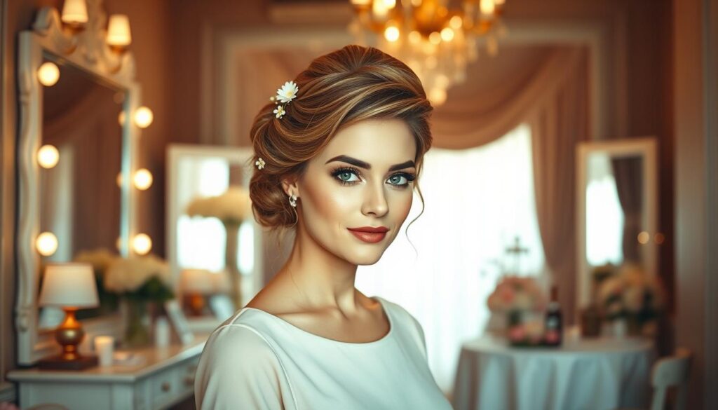 A stylish woman with an elegant updo hairstyle tailored to complement her heart-shaped face and scoop neck dress stands confidently in the foreground. The updo features soft waves intertwined with delicate floral accents, emanating a romantic yet refined vibe. Her modest outfit is complemented by subtle makeup, enhancing her natural beauty. In the middle ground, an elegant dressing area is adorned with mirrors and chic decor, casting a warm, inviting glow. Soft, diffused lighting creates a cozy atmosphere, highlighting the sophisticated details of her hairstyle. In the background, hints of a wedding celebration can be seen, with soft pastels and floral arrangements creating a delightful ambiance. The overall mood is serene and celebratory, capturing the essence of a wedding guest's elegant appearance. A stylish woman with an elegant updo hairstyle tailored to complement her heart-shaped face and scoop neck dress stands confidently in the foreground. The updo features soft waves intertwined with delicate floral accents, emanating a romantic yet refined vibe. Her modest outfit is complemented by subtle makeup, enhancing her natural beauty. In the middle ground, an elegant dressing area is adorned with mirrors and chic decor, casting a warm, inviting glow. Soft, diffused lighting creates a cozy atmosphere, highlighting the sophisticated details of her hairstyle. In the background, hints of a wedding celebration can be seen, with soft pastels and floral arrangements creating a delightful ambiance. The overall mood is serene and celebratory, capturing the essence of a wedding guest's elegant appearance.