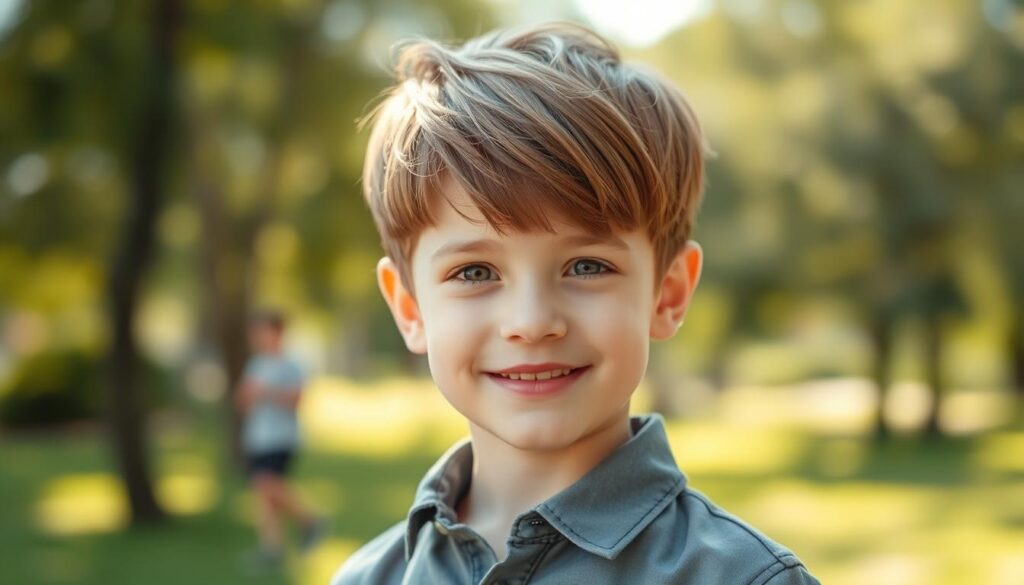 A stylish young boy with a modern haircut featuring shorter sides and a longer top, showcasing a playful yet neat appearance. He has straight, slightly tousled hair on top that falls naturally, creating a relaxed vibe. The boy is wearing a smart casual outfit, such as a collared shirt and shorts, suited for a fun outdoor setting. The background is a sunny park scene, hinting at greenery and soft light filtering through trees. The image is captured from a slightly elevated angle, bringing emphasis to his hairstyle while keeping the atmosphere friendly and approachable. Soft focus on the background enhances the main subject, highlighting the boy's hairstyle and lively personality.