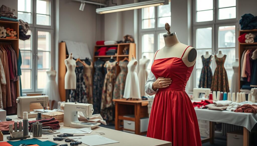 A tailor's workshop showcasing the intricate process of custom dressmaking. In the foreground, a skilled tailor in modest casual attire carefully measures a vibrant fabric against a dress form, surrounded by sewing tools and colorful cloth samples. The middle layer features an assortment of dress patterns, spools of thread, and a neatly organized workbench, suggesting the variety of choices influencing the final cost. In the background, soft, natural light filters through large windows, illuminating the room and creating a warm, inviting atmosphere. The overall mood is one of creativity and craftsmanship, emphasizing the attention to detail that affects the price of a tailored dress. A tailor's workshop showcasing the intricate process of custom dressmaking. In the foreground, a skilled tailor in modest casual attire carefully measures a vibrant fabric against a dress form, surrounded by sewing tools and colorful cloth samples. The middle layer features an assortment of dress patterns, spools of thread, and a neatly organized workbench, suggesting the variety of choices influencing the final cost. In the background, soft, natural light filters through large windows, illuminating the room and creating a warm, inviting atmosphere. The overall mood is one of creativity and craftsmanship, emphasizing the attention to detail that affects the price of a tailored dress.