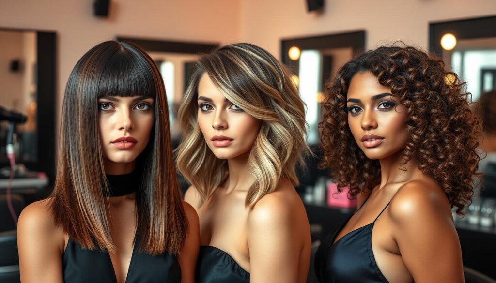 A vibrant and stylish salon setting featuring three models with different hair types: one with straight, sleek shoulder-length hair, another with soft, beachy waves, and a third with well-defined curls. The models are standing side by side, showcasing their unique hairstyles, all elegantly styled and framed. The foreground captures the intricate textures of the hair, illuminated by soft, warm lighting that enhances the colors and highlights. The middle ground includes stylish salon furnishings and tools, such as hairdryers and brushes. In the background, a wall mirror reflects the beauty of the scene, adding depth. The overall mood is chic and inviting, emphasizing trendiness and sophistication, perfect for a hair styling article.