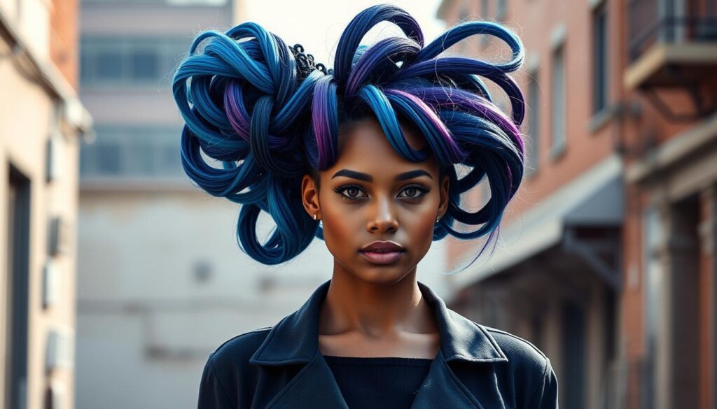 A vibrant, avant-garde hairstyle featuring a bold twist set against a softly blurred urban studio backdrop. The hair is intricately styled into dramatic loops and spirals, showcasing vivid colors like electric blue and deep purple, reflecting artistic expression. In the foreground, a professional model stands confidently, dressed in stylish, modest casual attire that enhances the creative vibe of the hairstyle. The lighting is bright and radiant, highlighting the texture and details of the hair while casting gentle shadows to add depth. Capturing the essence of modern creativity, the angle is slightly tilted, creating a dynamic view that evokes inspiration and flair, perfect for showcasing innovative hair artistry. A vibrant, avant-garde hairstyle featuring a bold twist set against a softly blurred urban studio backdrop. The hair is intricately styled into dramatic loops and spirals, showcasing vivid colors like electric blue and deep purple, reflecting artistic expression. In the foreground, a professional model stands confidently, dressed in stylish, modest casual attire that enhances the creative vibe of the hairstyle. The lighting is bright and radiant, highlighting the texture and details of the hair while casting gentle shadows to add depth. Capturing the essence of modern creativity, the angle is slightly tilted, creating a dynamic view that evokes inspiration and flair, perfect for showcasing innovative hair artistry.