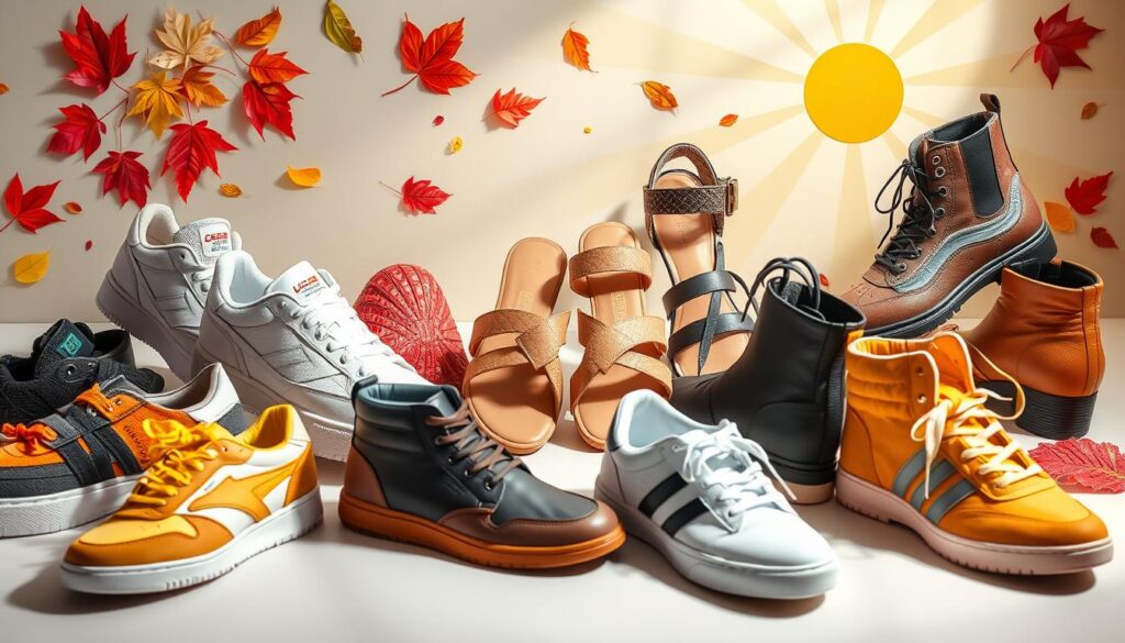 A vibrant display of sneakers, ankle boots, and sandals arranged artistically, tailored for different seasons. In the foreground, showcase a variety of sneakers in bold, modern designs, highlighting different textures and colors, alongside sleek, stylish ankle boots that convey sophistication. In the middle, feature a selection of trendy sandals, both casual and elegant, with intricate details to indicate versatility for summer wear. In the background, suggest seasonal elements like autumn leaves, snowflakes, and sun rays, creating an atmosphere of changing seasons. Soft, natural lighting illuminates the scene, with a slight focus on the footwear to enhance their unique features, evoking a mood of fashionable practicality and comfort.