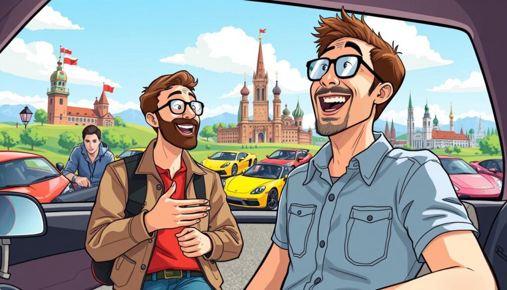 A vibrant, humorous illustration of Sebastian Wasiak, the popular automotive content creator, engaged in a comedic automotive scene. In the foreground, Sebastian, dressed in casual yet stylish clothing, is animatedly discussing a quirky car modification with fellow automotive enthusiasts. The middle layer showcases an array of colorful cars, some with exaggerated features, representing his comedic take on automotive topics. In the background, a whimsical landscape features iconic Polish landmarks, hinting at his cultural roots. The lighting is bright and cheerful, capturing a daytime atmosphere, with a dynamic angle that emphasizes movement and excitement. The overall mood is lively and engaging, reflecting the humorous essence of Sebastian's video content. A vibrant, humorous illustration of Sebastian Wasiak, the popular automotive content creator, engaged in a comedic automotive scene. In the foreground, Sebastian, dressed in casual yet stylish clothing, is animatedly discussing a quirky car modification with fellow automotive enthusiasts. The middle layer showcases an array of colorful cars, some with exaggerated features, representing his comedic take on automotive topics. In the background, a whimsical landscape features iconic Polish landmarks, hinting at his cultural roots. The lighting is bright and cheerful, capturing a daytime atmosphere, with a dynamic angle that emphasizes movement and excitement. The overall mood is lively and engaging, reflecting the humorous essence of Sebastian's video content.