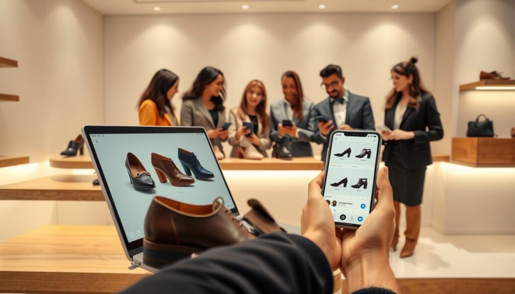 A vibrant online shopping scene illustrating the availability of fashionable models. In the foreground, an elegantly arranged virtual store interface showcases a variety of stylish Aldo footwear on display. The shoes are presented on sleek wooden shelves, with a modern laptop open beside a smartphone showing the online shopping app. In the middle ground, a diverse group of professional individuals in stylish business attire engages with the technology, visibly excited about their shopping choices. The background features soft, ambient lighting with a minimalistic design, creating a warm and inviting atmosphere. A neutral color palette enhances the sense of sophistication. Capture this moment from a slightly elevated angle to emphasize the dynamic interaction between technology and fashion. A vibrant online shopping scene illustrating the availability of fashionable models. In the foreground, an elegantly arranged virtual store interface showcases a variety of stylish Aldo footwear on display. The shoes are presented on sleek wooden shelves, with a modern laptop open beside a smartphone showing the online shopping app. In the middle ground, a diverse group of professional individuals in stylish business attire engages with the technology, visibly excited about their shopping choices. The background features soft, ambient lighting with a minimalistic design, creating a warm and inviting atmosphere. A neutral color palette enhances the sense of sophistication. Capture this moment from a slightly elevated angle to emphasize the dynamic interaction between technology and fashion.