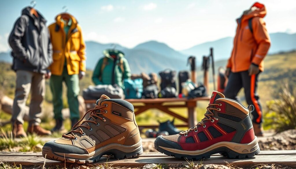 A vibrant outdoor scene depicting a variety of outdoor clothing and travel accessories, showcasing Iguana’s offerings. In the foreground, display high-quality hiking boots with rugged soles and breathable apparel like jackets and pants designed for active lifestyles. The middle ground features a well-organized display of travel gear, including backpacks and trekking poles, artfully arranged on a wooden table. The background illustrates a scenic landscape with lush greenery and distant mountains, suggesting adventure in nature. The lighting is bright and natural, simulating a sunny day, enhancing the colors of the clothing and accessories. Capture the mood of exploration and adventure, making the viewer feel inspired to engage in outdoor activities. A vibrant outdoor scene depicting a variety of outdoor clothing and travel accessories, showcasing Iguana’s offerings. In the foreground, display high-quality hiking boots with rugged soles and breathable apparel like jackets and pants designed for active lifestyles. The middle ground features a well-organized display of travel gear, including backpacks and trekking poles, artfully arranged on a wooden table. The background illustrates a scenic landscape with lush greenery and distant mountains, suggesting adventure in nature. The lighting is bright and natural, simulating a sunny day, enhancing the colors of the clothing and accessories. Capture the mood of exploration and adventure, making the viewer feel inspired to engage in outdoor activities.