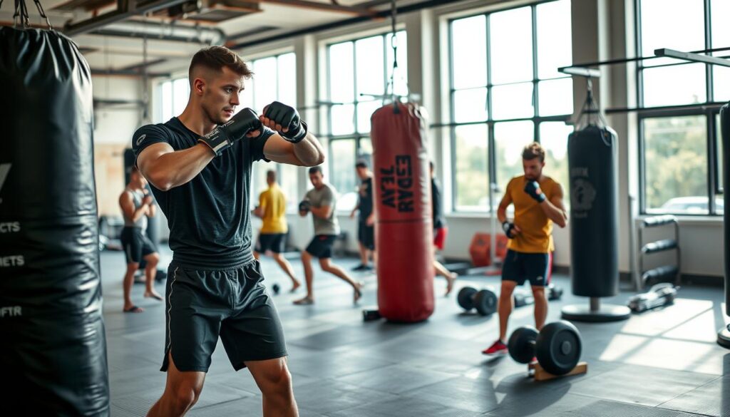 A vibrant scene depicting Jacek Murański engaged in MMA training in a modern gym, surrounded by various training equipment like punching bags, mats, and weights. In the foreground, Jacek is performing intense shadow boxing, wearing a fitted, modest training outfit that includes a short-sleeve athletic shirt and shorts. The middle ground includes training partners practicing techniques and drills, showcasing a cooperative and energetic atmosphere. The background features large windows allowing natural light to flood the space, highlighting the dynamic movements and focused expressions of the fighters. The overall mood is one of determination and camaraderie, capturing the essence of a day in the life of a dedicated MMA athlete. The scene is bright and motivating, emphasizing the hard work and discipline of training outside of the fight arena.